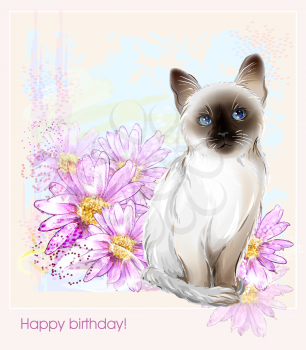 birthday card with  thai kitten and gerberas