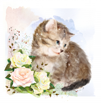 Fluffy kitten with roses.  Vintage postcard.  Imitation of watercolor painting.