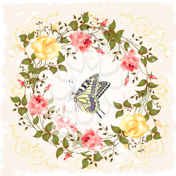 vintage wreath of roses and butterfly