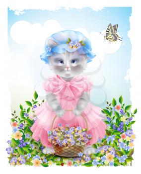 Portrait of the  funny cat dressed in  the pink frock with basket full of flowers. Summer meadow. Birthday card. Holiday congratulation. Greeting card. Beautiful landscape with butterfly. 