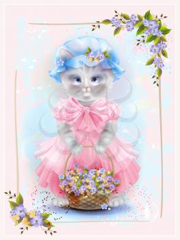 Portrait of the vintage cat  with basket full of violets. Birthday card. Holiday congratulation. Greeting card. Floral frame.