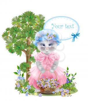 Portrait of the  funny cat dressed in  the pink frock with basket full of flowers. Summer meadow. Birthday card. Holiday congratulation. Greeting card. 