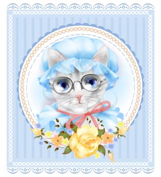Vintage portrait of the cat with glasses and roses. Victorian style.