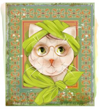 portrait of  the cat with glasses on the vintage background