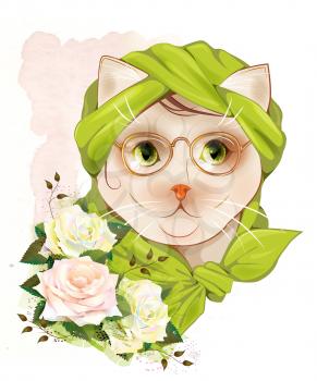 portrait of the hipster cat with glasses and  roses