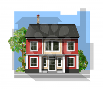 Vector illustration of  cool detailed family  house.  Private residential architecture. Traditional cottage in flat style. Real estate icon. Villa facade. Vintage style house.