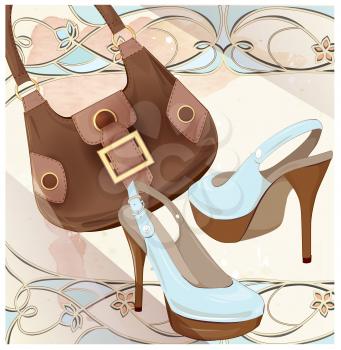 Set of handbag and shoes. Fashion boutique. Seasonal sale . Vintage style label design. lady's accessories. Goods for women.