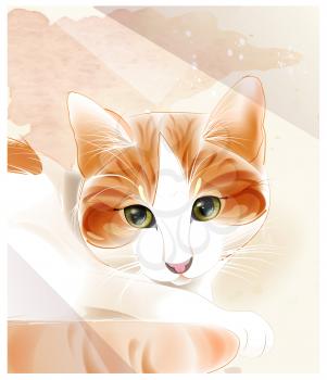 Portrait of the ginger cat. Watercolor background