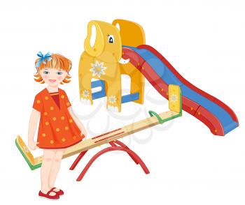 Ginger girl on the playground. Seesaw and  slider.