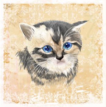 Portrait of three-colored kitten .  House pet. Vintage ornamental background.