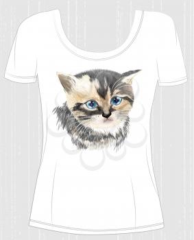 t-shirt design  with face of three-colored  cute kitten. Design for women's t-shirt