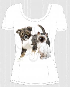 t-shirt design  with thai kitten and puppy. Design for women's t-shirt