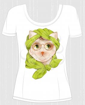 t-shirt design  with cat. Hipster cat with glasses and silk scarf. Design for women's t-shirt