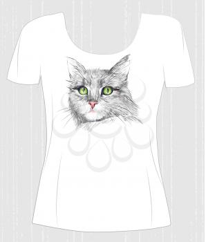 t-shirt design  with green-eyed cat. Design for women's t-shirt