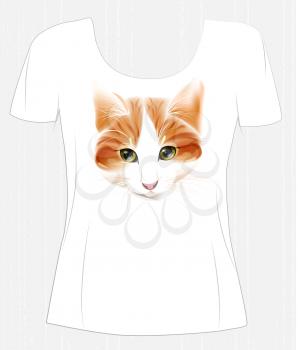 t-shirt design  with face of ginger cute cat. Design for women's t-shirt