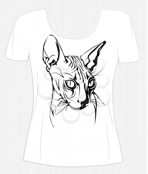 t-shirt design  with black-white  graphic portrait of the  Canadian sphinx cat. 