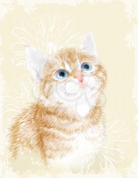 Little kitten the red marble coloring with flowers.  Ginger fluffy kitten. Portrait oh the cat.  Spring illustration.