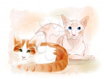Couple of cats on the watercolor background. Ginger cat and sphinx cat.