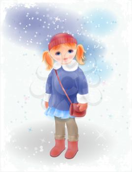 Winter girl with bag  in vintage coat and knitted hat. Fashion girl’s clothing. Watercolor style.