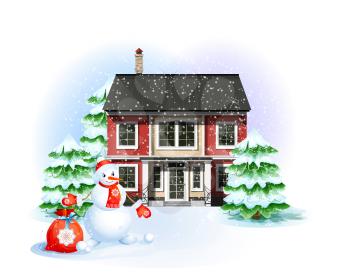 Winter landscape. Family house, snowman with Christmas gifts and trees. Christmas and New Year illustration.