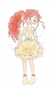 Hand drawn portrait of romantic girl in vintage dress. Fashion girl’s clothing.  Sketch. Doodle.
