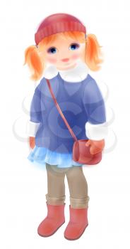 Winter girl with bag in vintage coat and knitted hat. Fashion girl’s clothing. Watercolor style.