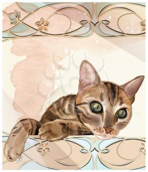 Portrait of  the cat in watercolor style. Cat has been drawn with brushes from Adobe Illustrator without auto tracing. Cat can be used for t-shirt design