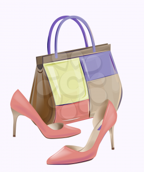 Fashion women’s handbag and high-heeled shoes. Pair of red high heeled shoes complete with bag from summer collection.  Stylish girl’s footwear and accessories.
