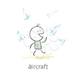 Royalty Free Clipart Image of a Boy Throwing Paper Airplanes