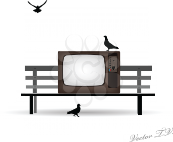 Royalty Free Clipart Image of a Retro TV Set on a Bench