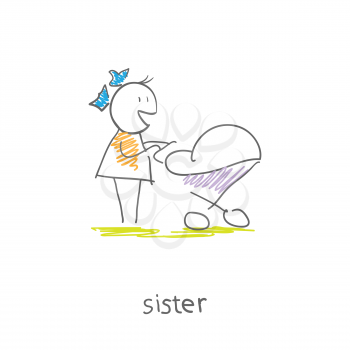 Royalty Free Clipart Image of a Little Girl Pushing a Stroller