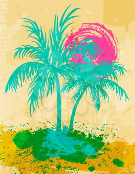 Palm trees and sea shore, grunge background