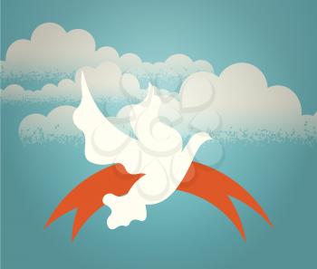 The dove hovering in the sky against a background of clouds. Retro illustration.
