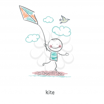 A man with a kite. Illustration.
