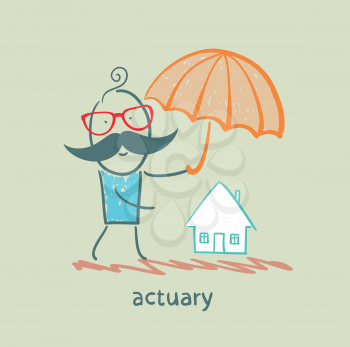 actuary holding an umbrella over the house