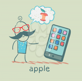 man looking at mobile and thinks the apple