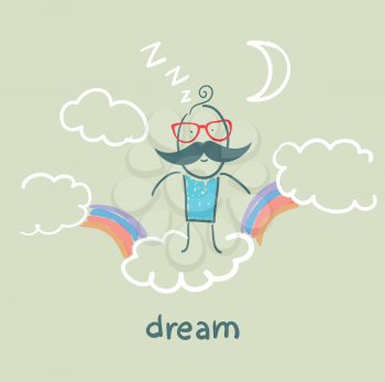 man flying in a dream clouds with rainbows