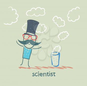 scientist conjures a glass and clouds