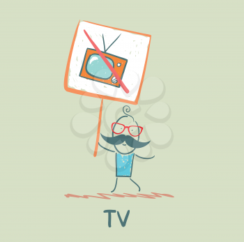 man carries a poster forbidding TV