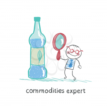 commodities expert with a magnifying glass looking at the bottle