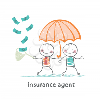insurance agent protects human umbrella and collects a net cash