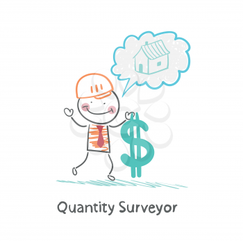 Quantity Surveyor holds dollar and thinking about home