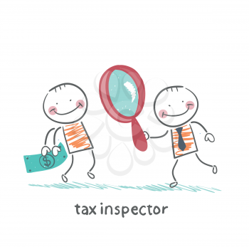 tax inspector with magnifying glass looking at the person money