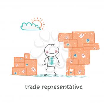 trade representative is standing with boxes of goods