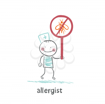 Allergist holds a sign prohibiting insects