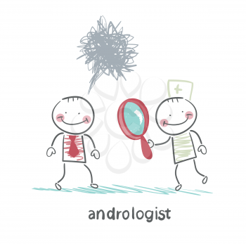 andrologist looking through a magnifying glass on a patient