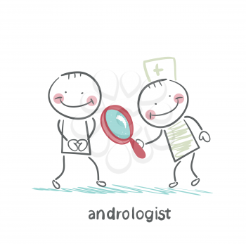 andrologist looking through a magnifying glass on a patient