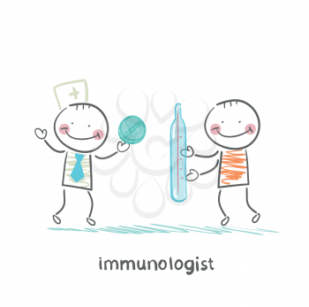 immunologist gives a pill to a patient with thermometer