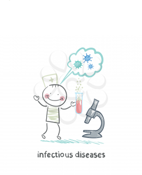 infectious diseases specialist is standing next to a microscope and thinks of infection