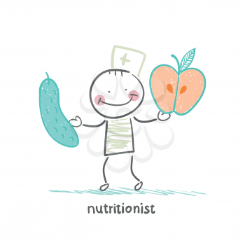 nutritionist holding cucumber and apple